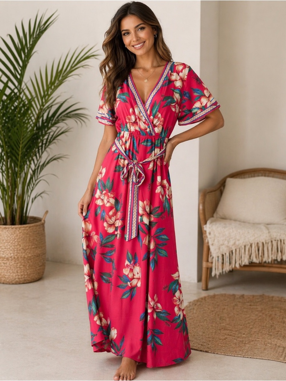 Flying Tomato Red Floral Faux-Wrap Maxi Dress with Teal Accents.